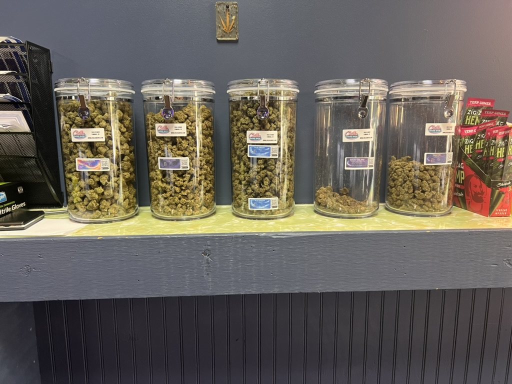 Chilla flower jars and hemp products displayed in-store